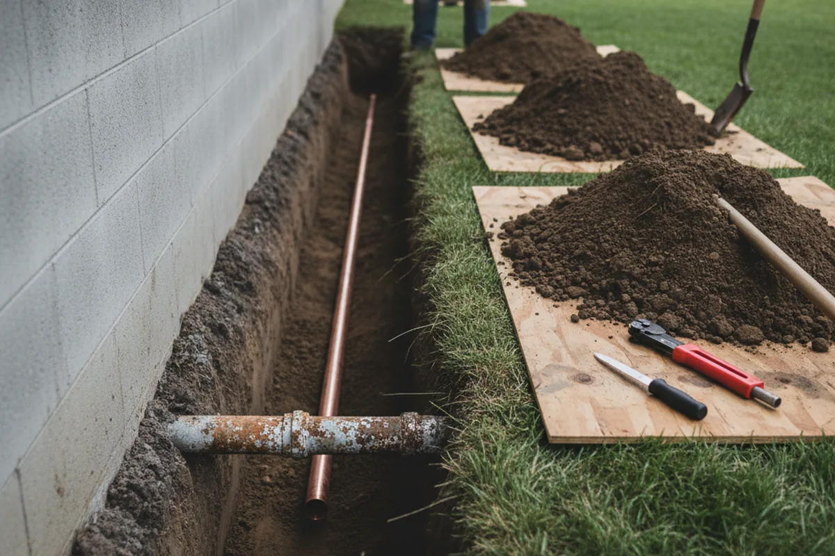 Excavated water line trench during Sewer Line Repair in Lafferty